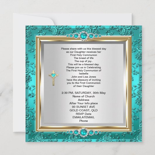 Invitation Première Sainte Communion Filles Turquoise Jade Pe (Dos)