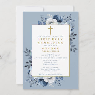 Invitation Première Sainte Communion Fleur Botanique Bleu Pou