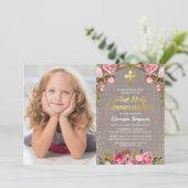 Invitation Première Sainte Communion Fleur Rose Rustique Phot (Debout devant)