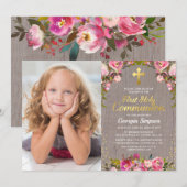 Invitation Première Sainte Communion Fleur Rose Rustique Phot (Devant / Derrière)