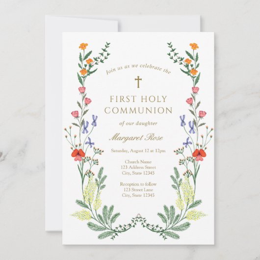 Invitation Première sainte communion fleur sauvage (Devant)
