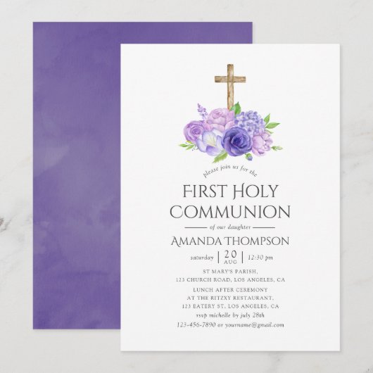 Invitation Première Sainte Communion Fleur Ultra Violet (Devant / Derrière)