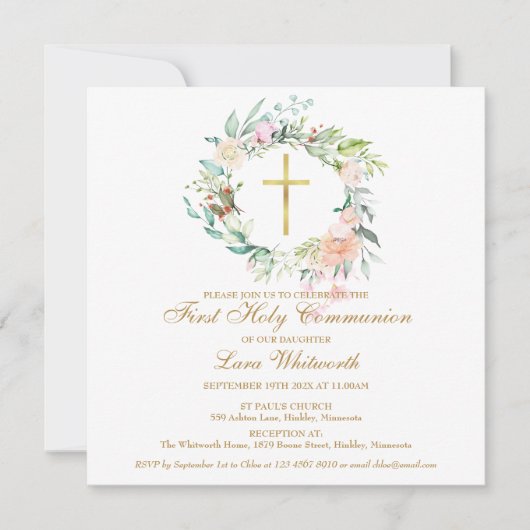 Invitation Première Sainte Communion Fleurie Aquarelle Croix (Devant)