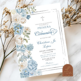 Invitation Première Sainte Communion Fleurie Bleu Poussiéreux