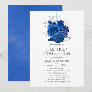 Invitation Première Sainte Communion Fleurie Bleu Royal et Ar