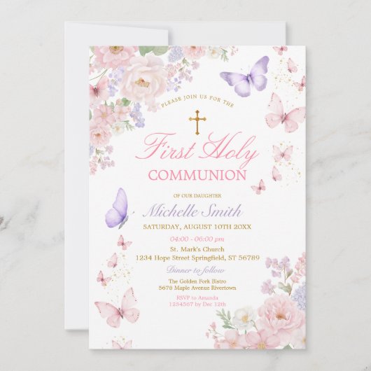 Invitation Première Sainte Communion Fleurie Papillon Douce (Devant)