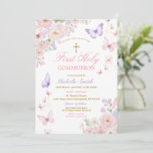 Invitation Première Sainte Communion Fleurie Papillon Douce (Debout devant)