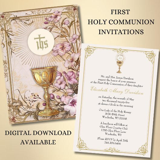 Invitation Première Sainte Communion Floral Vintage