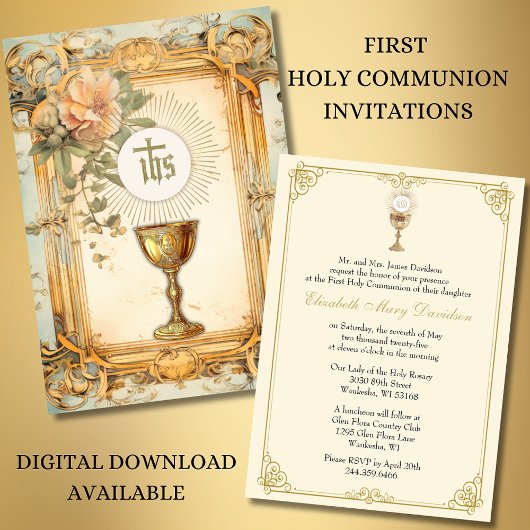 Invitation Première Sainte Communion Floral Vintage