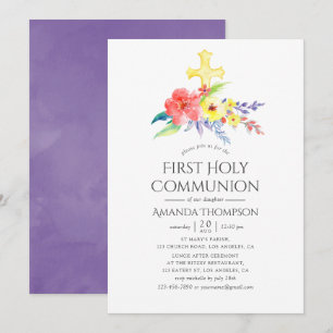 Invitation Première Sainte Communion Florale Aquarelle Coloré