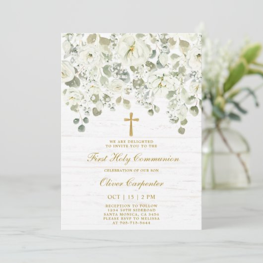 Invitation Première sainte communion florale blanche (Debout devant)