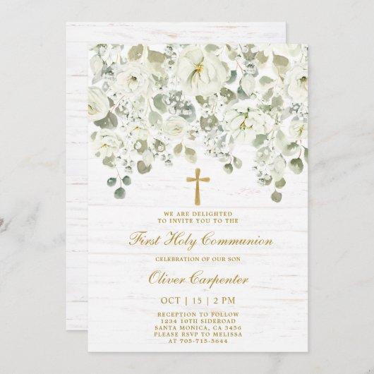 Invitation Première sainte communion florale blanche (Devant / Derrière)