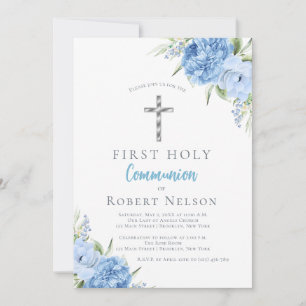 Invitation Première Sainte Communion Florale Bleue Élégante