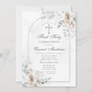 Invitation Première Sainte Communion Florale Bohème Blanche A