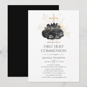 Invitation Première Sainte Communion Florale Noir et Or Vinta