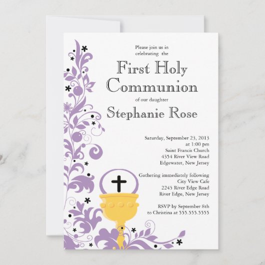 Invitation Première sainte communion florale pourpre moderne (Devant)