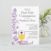 Invitation Première sainte communion florale pourpre moderne (Debout devant)