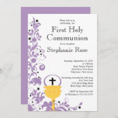 Invitation Première sainte communion florale pourpre moderne (Devant / Derrière)
