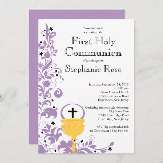 Invitation Première sainte communion florale pourpre moderne (Devant / Derrière)