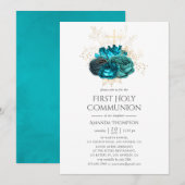 Invitation Première Sainte Communion florale sarcelle et or (Devant / Derrière)