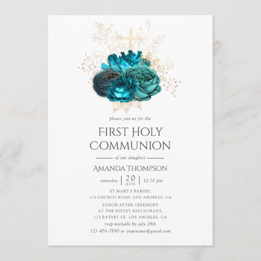 Invitation Première Sainte Communion florale sarcelle et or (Devant)