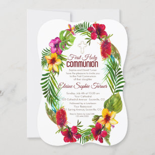 Invitation Première sainte communion florale tropicale hawaïe