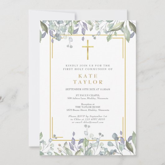 Invitation Première Sainte Communion Florale Verdure Croix d' (Devant)