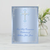 Invitation Première Sainte Communion Garçon Argent Bleu (Debout devant)