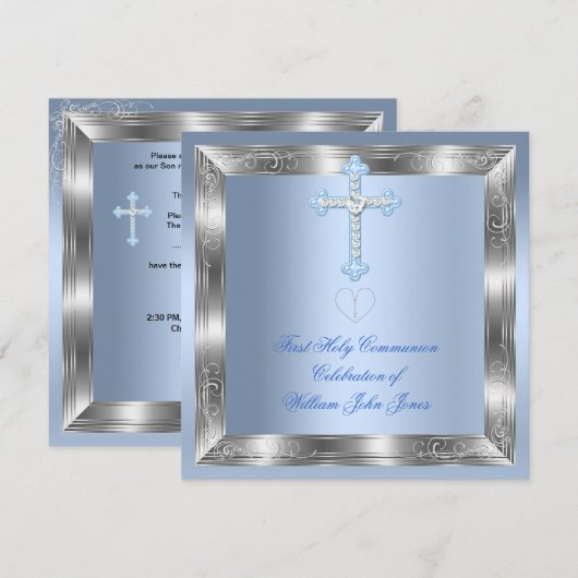Invitation Première Sainte Communion Garçon Argent Bleu 2a (Devant / Derrière)