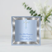 Invitation Première Sainte Communion Garçon Argent Bleu 2a (Debout devant)