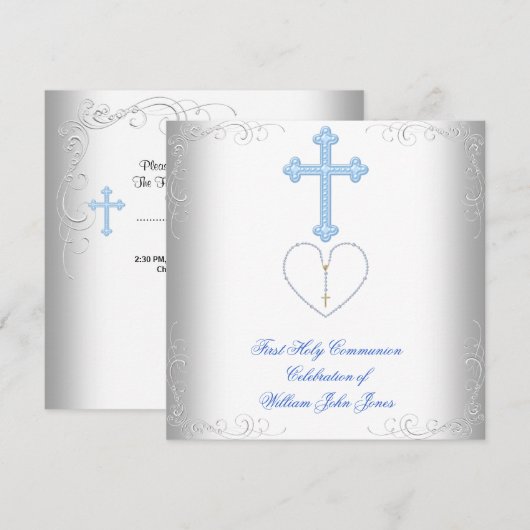 Invitation Première Sainte Communion Garçon Blanc Bleu (Devant / Derrière)