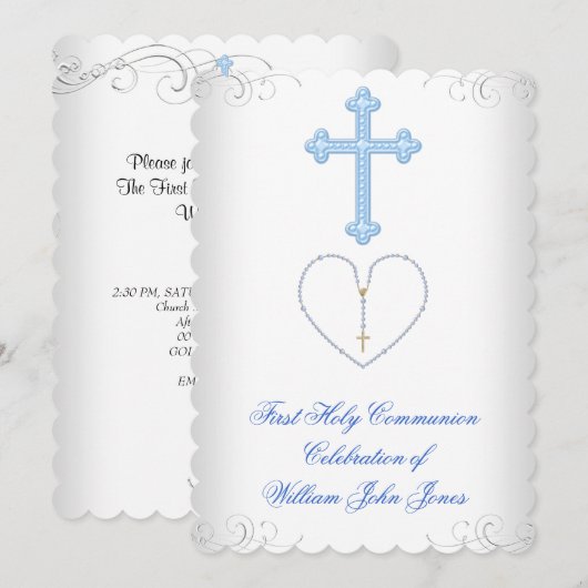 Invitation Première Sainte Communion Garçon Blanc Bleu Argent (Devant / Derrière)