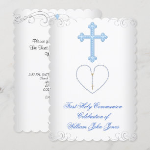 Invitation Première Sainte Communion Garçon Blanc Bleu Argent