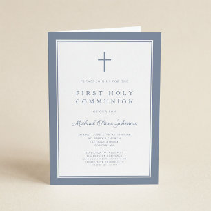 Invitation Première Sainte Communion Garçon Croix Bleu Poussi