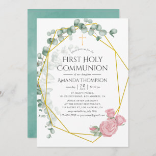Invitation Première sainte communion géométrique Rose Eucalyp