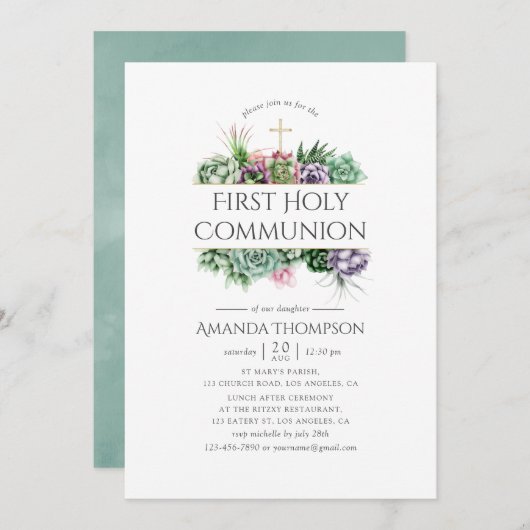 Invitation Première sainte communion géométrique Succulente (Devant / Derrière)