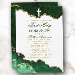 Invitation Première Sainte Communion Green Gold Marble Geode<br><div class="desc">Aquarelle moderne Elégante Emeraude Vert et Or Marbre Agate Géode Première Sainte Communion Invitation</div>