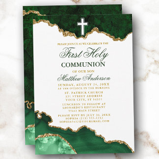 Invitation Première Sainte Communion Green Gold Marble Geode