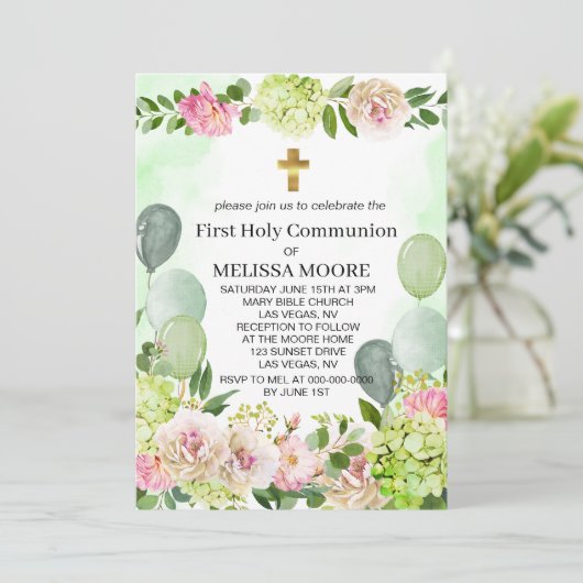 Invitation Première Sainte Communion Hydrangea Vert Fleurs Ro (Debout devant)