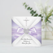 Invitation Première Sainte Communion Lavande Argent Coeur Fil (Debout devant)