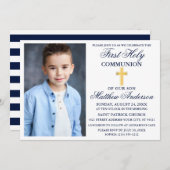 Invitation Première Sainte Communion Marine Croix Bleue Or St (Devant / Derrière)