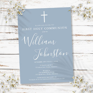 Invitation Première Sainte Communion Moderne Bleu Poussiéreux