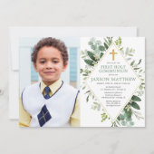 Invitation Première Sainte Communion moderne eucalyptus photo (Devant)