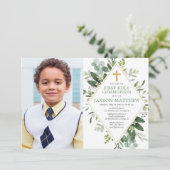 Invitation Première Sainte Communion moderne eucalyptus photo (Debout devant)
