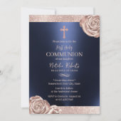 Invitation Première Sainte Communion moderne Marine Rose Or F (Devant)