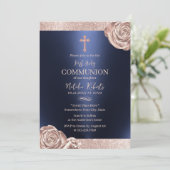 Invitation Première Sainte Communion moderne Marine Rose Or F (Debout devant)