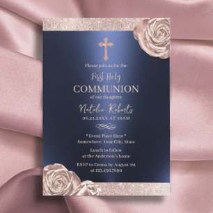 Invitation Première Sainte Communion moderne Marine Rose Or F