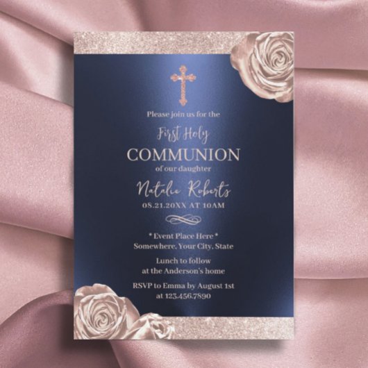 Invitation Première Sainte Communion moderne Marine Rose Or F