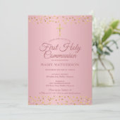 Invitation Première Sainte Communion Moderne Rose Coeurs d'or (Debout devant)