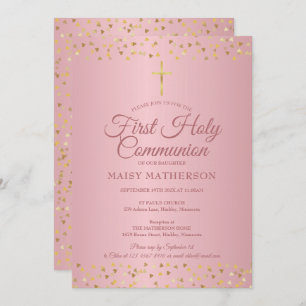 Invitation Première Sainte Communion Moderne Rose Coeurs d'or